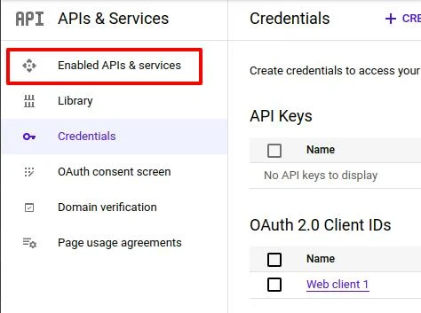 Google Cloud navigation to Enabled API & Services