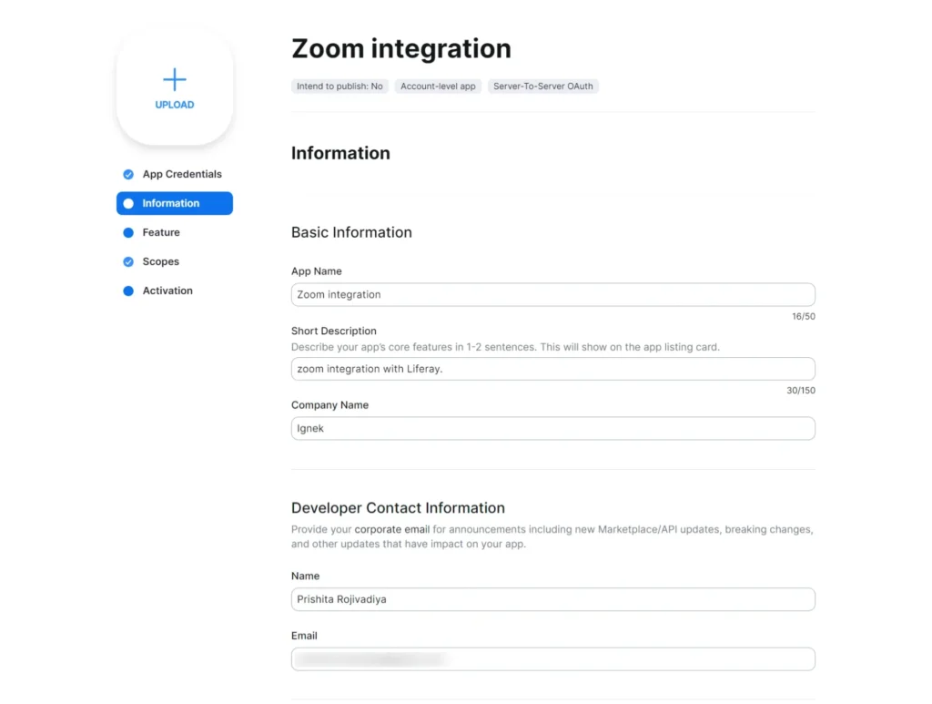 Basic Information for server to server oauth app